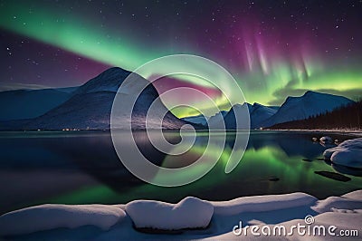 Captivating Aurora Lights: Northern and Southern Splendor in a Starry Night Sky Over Islands. Stock Photo