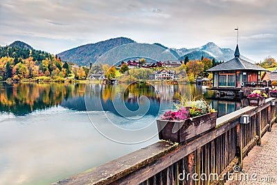 Captivating autumn sunrise on Grundlsee lake. Amazing morning scene of Brauhof village, Styria stare of Austria, Europe. Colorful Stock Photo