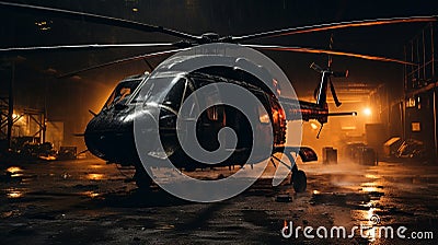 Captivating Avacadopunk Helicopter In Dark Warehouse With Rain And Fog Stock Photo