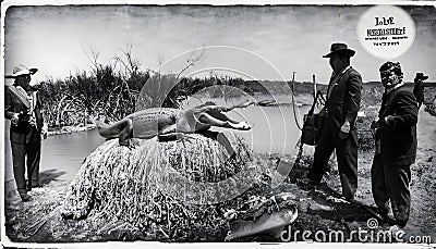 A historical black-and-white photograph of early 20th-century alligator hunters Editorial Stock Photo