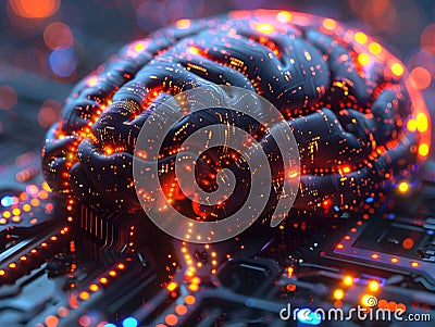 Captivating Brain with Intricate Neural Networks and Glowing Circuits Stock Photo
