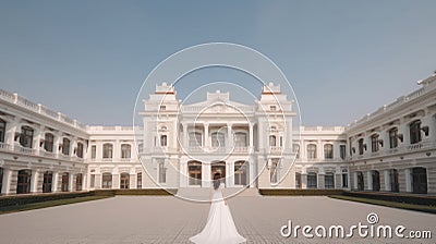 Captivating Bride in White Gown Posing by Stately Architecture. Stock Photo