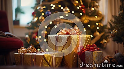 Captivating Christmas Gifts: Sparkling Surprises Under the Tree Await Unwrapping Stock Photo