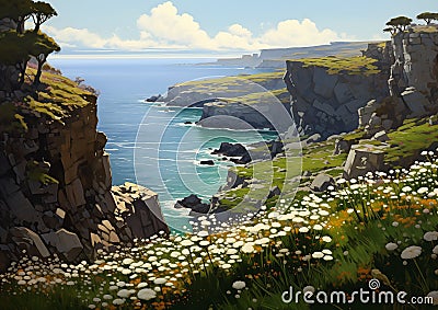 Captivating Cliffs: A Scenic Journey Through Ireland's Wildflowe Stock Photo