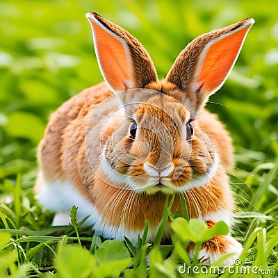 a captivating close-up of a brown bunny hiding in a nature green field. Stock Photo