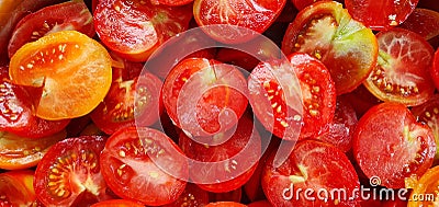 Captivating close-up of halved tomatoes, bursting with freshness, organic allure, and irresistible juiciness Cartoon Illustration