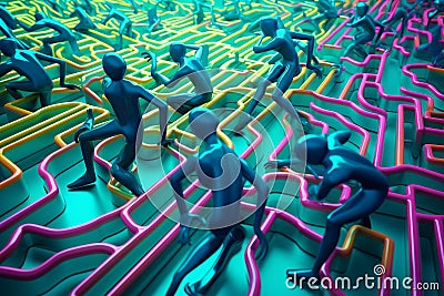 Futuristic Cyborgs Racing Through a Maze of Metallic Walls Stock Photo