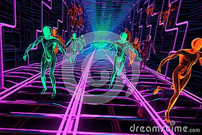 Futuristic Cyborgs Racing Through a Maze of Metallic Walls Stock Photo