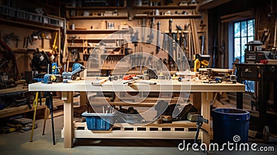 Organized Woodworking Haven: Tools, Lumber, and Sawdust Stock Photo