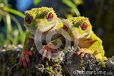 Vibrant Geckos in Action on Textured Wall Stock Photo