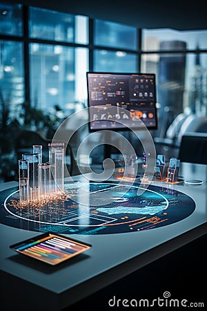 Futuristic Technology Interface: Holographic Analytics in Minimalist Office Stock Photo