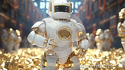 Captivating close up portrait of an exquisitely designed 3d golden and white robot Stock Photo