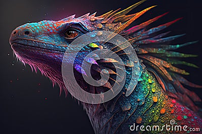 Fantasy dragon isolated on black background with colorful lights Stock Photo