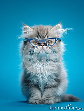 Persian cat wearing blue eyeglasses on a blue background. Close-up portrait. Stock Photo