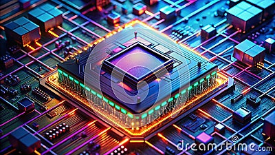 Unveiling the Inner Workings of Advanced Computer Technology A Microscopic Exploration of a Futuristic CPU Chip and Stock Photo