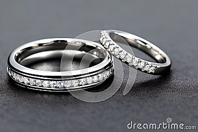 Captivating close up shot of two wedding rings, delicately intertwined to symbolize the everlasting bond of love and commitment. Stock Photo