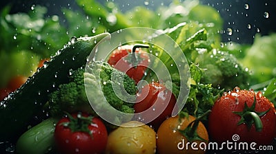 A close-up masterpiece: Water droplets dance on the velvety surface of fresh vegetables Stock Photo