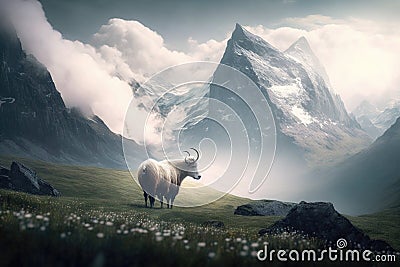 Sheep on the meadow with mountains and clouds in the background Stock Photo
