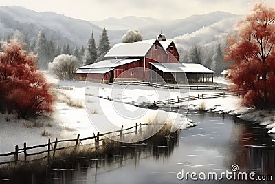 Captivating Countryside: A Vibrant Red Barn in a Winter Wonderla Stock Photo