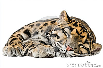 captivating creature relaxes with its head turned, displaying its distinctive large rosettes and robust frame, embodying Stock Photo