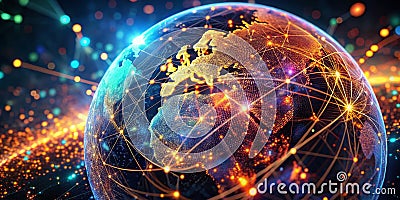 Dynamic 3D Globe Illustrates Intricate Connectivity and Digital Technology Glowing Particles and Plexus Network Cartoon Illustration