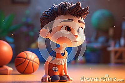 Ai Generative 3d illustration of a little boy playing basketball with a lot of balls Cartoon Illustration