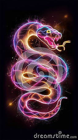 A captivating 3D laser exploded hologram design featuring a mesmerizing, vibrant python Stock Photo