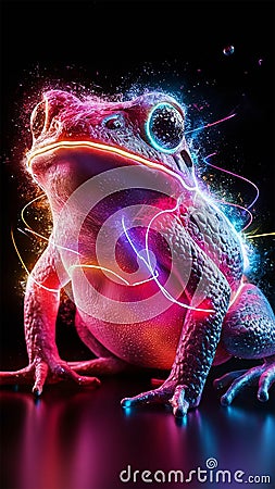 A captivating 3D laser exploded hologram design featuring a vibrant, neon-colored toad. Stock Photo