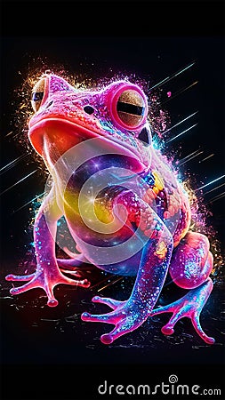 A captivating 3D laser exploded hologram design featuring a vibrant, neon-colored toad. Stock Photo