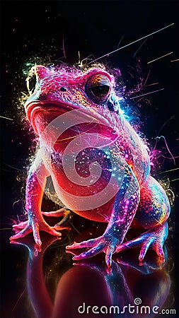 A captivating 3D laser exploded hologram design featuring a vibrant, neon-colored toad. Stock Photo