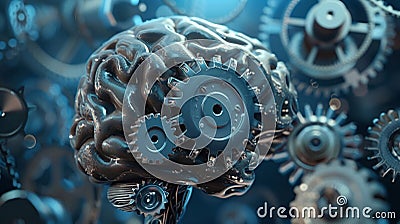 A captivating 3D model of a brain gears turning and cogs whirring symbolizing intelligence and problemsolving 3DCG Stock Photo