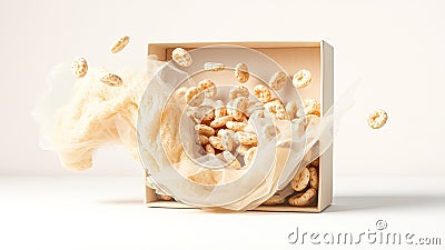 Abstract Cereal Box Design with Misty Swirls and Floating Objects A Minimalist Food Illustration Stock Photo