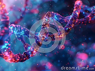 Captivating 3D Rendering of Vibrant Glowing DNA Helix Structure in Abstract Digital Background Stock Photo