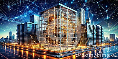 Visualizing Smart City Building Automation A LowPoly 3D Wireframe Depicting Data Flow and Interconnectivity Stock Photo