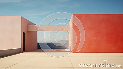 Wallpaper desktop, background, exterior terrace with red and pink walls, landscape, copy space, blue sky, Stock Photo