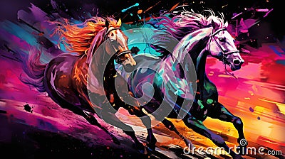 Cosmic Gallop: Dynamic Racing Horses in Neon Speed Cartoon Illustration