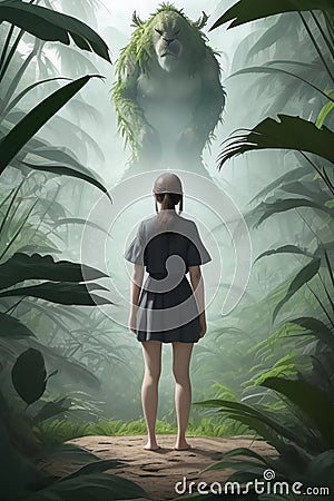 Mystical Meeting: Girl and the Jungle Guardian Cartoon Illustration