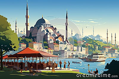 Istanbul's Essence: Where Cultures and Continents Converge Cartoon Illustration