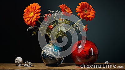Captivating Floral Still Lifes With Glass Ceramic Vases And Marble Sculpture Stock Photo