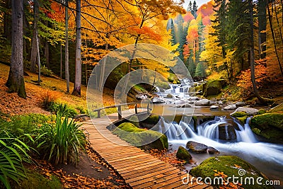 A captivating forest scene featuring a wooden footbridge over a crystal-clear creek, surrounded by vibrant fall colors in all Stock Photo