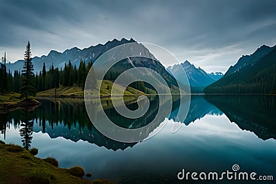 A captivating forest scene with a pristine lake surrounded by tall pines and rugged cliffs, reflecting the beauty of the Stock Photo