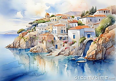 Captivating Greece: Enchanting Watercolor Paintings of the Island Beauty. Stock Photo