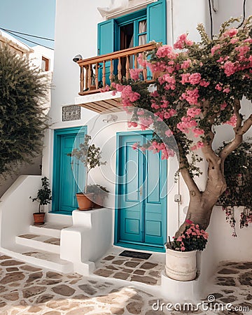 Captivating Greek House with White Walls, Blue Accents, and Blooming Pink Flowers Stock Photo