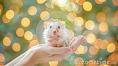 Captivating hedgehog gently cradled in hands against a beautifully blurred background Stock Photo