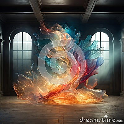 Ethereal Dance: Vibrant Abstract Energy Flow in a Spacious Room Stock Photo