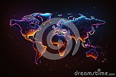 Glowing world map on dark background. Globalization concept Cartoon Illustration