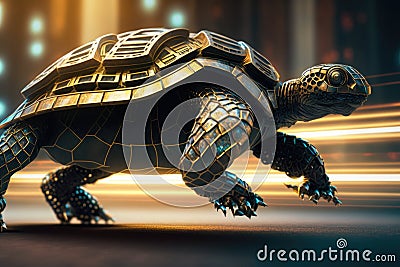 Big turtle in a dark space with light rays Cartoon Illustration