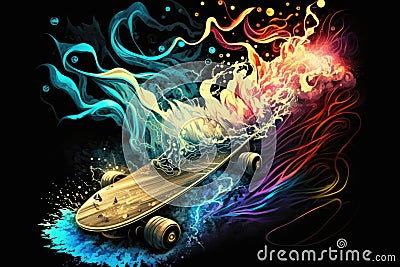 Skateboard with colorful flames on black background Cartoon Illustration