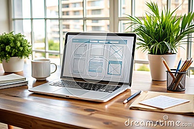 Interactive Website Wireframe Visualization A Modern Designers Workspace Showcase for Layout Usability and Branding Stock Photo