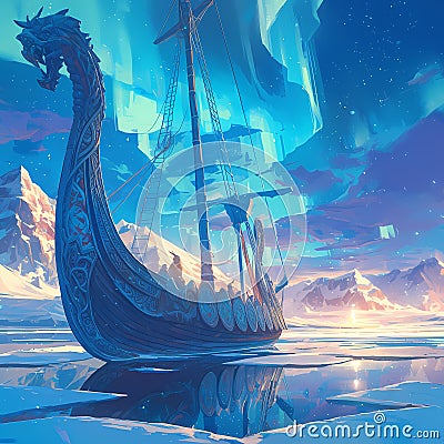 Ancient Viking Ship on Frozen Waters Stock Photo